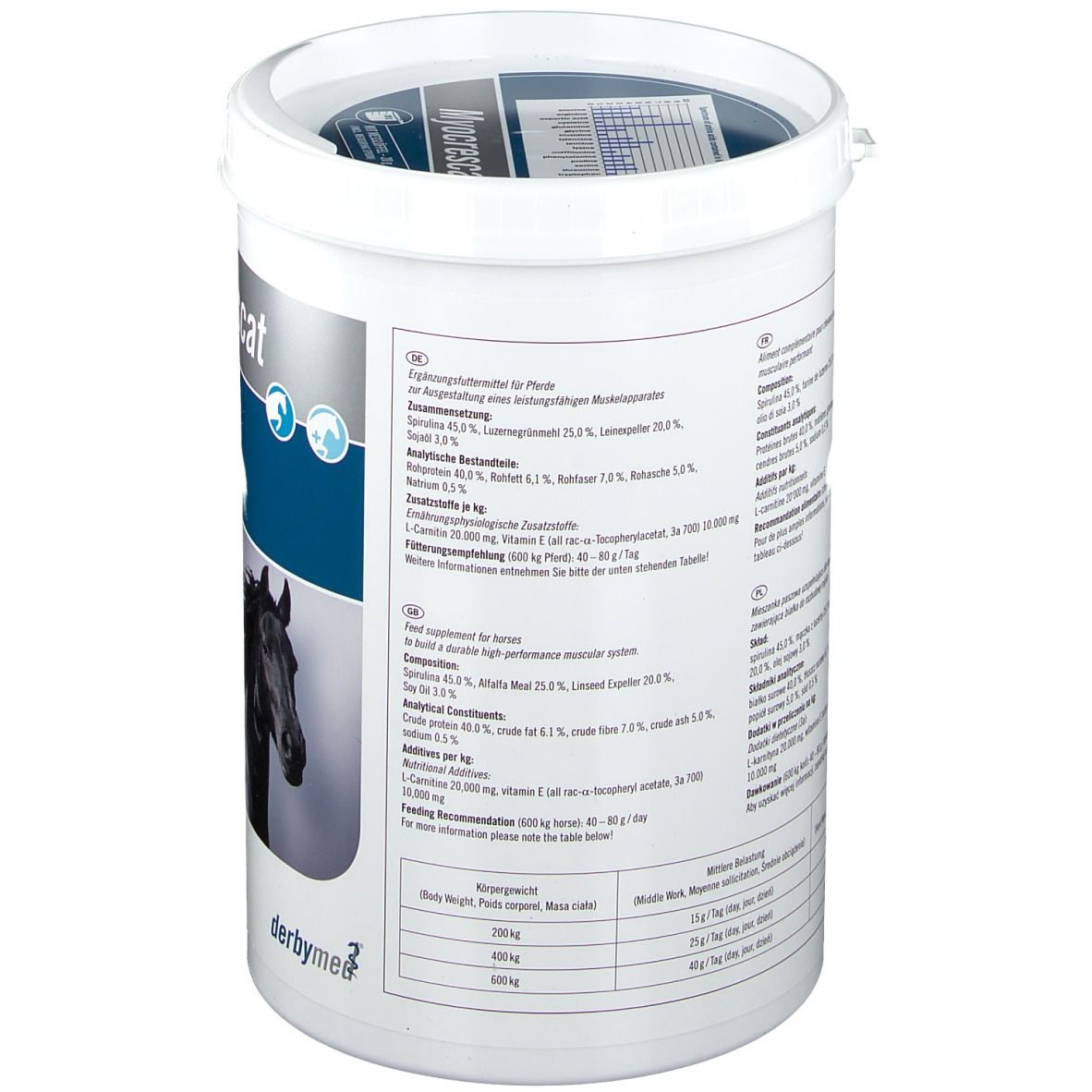 Seau blanc avec informations produit. Texte en allemand et anglais. Contient informations nutritionnelles et recommandations d'alimentation.