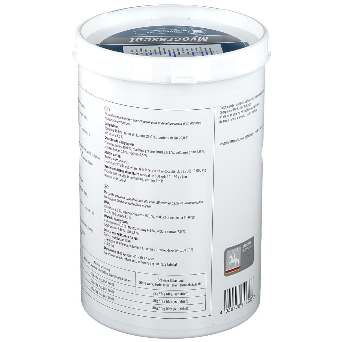 Seau blanc avec informations produit. Texte en allemand, français et italien. Contient informations nutritionnelles et dosage.