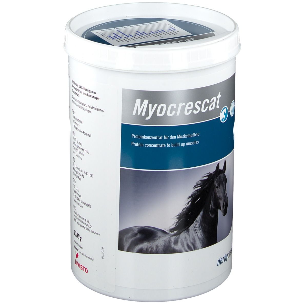 Seau blanc avec l'inscription Myocrescat et un cheval. Concentré de protéines. 1000g. Marque : derbymed.