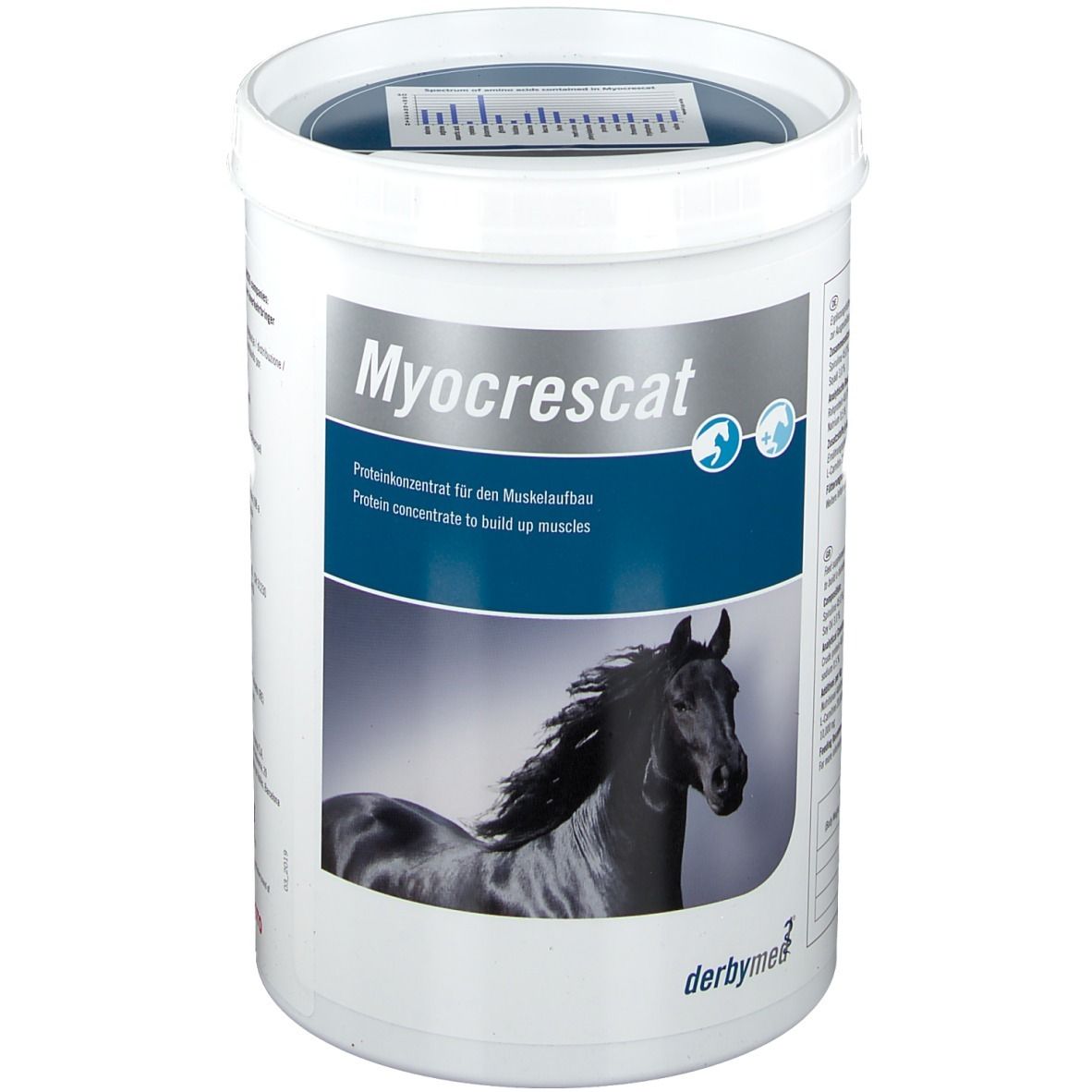 Seau blanc avec l'inscription Myocrescat et un cheval. Concentré de protéines pour la construction musculaire. Marque : derbymed.