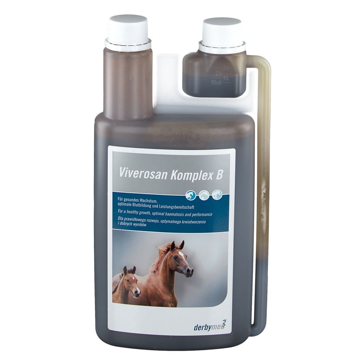 Flacon de Viverosan Komplex B. Liquide brun, bouchon blanc, étiquette avec chevaux. Marque : derbymed.