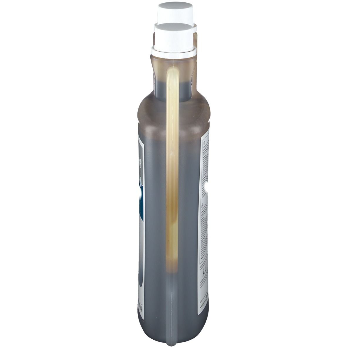 Flacon Viverosan Komplex B, vue latérale. Liquide brun, bouchon blanc. Plastique transparent.