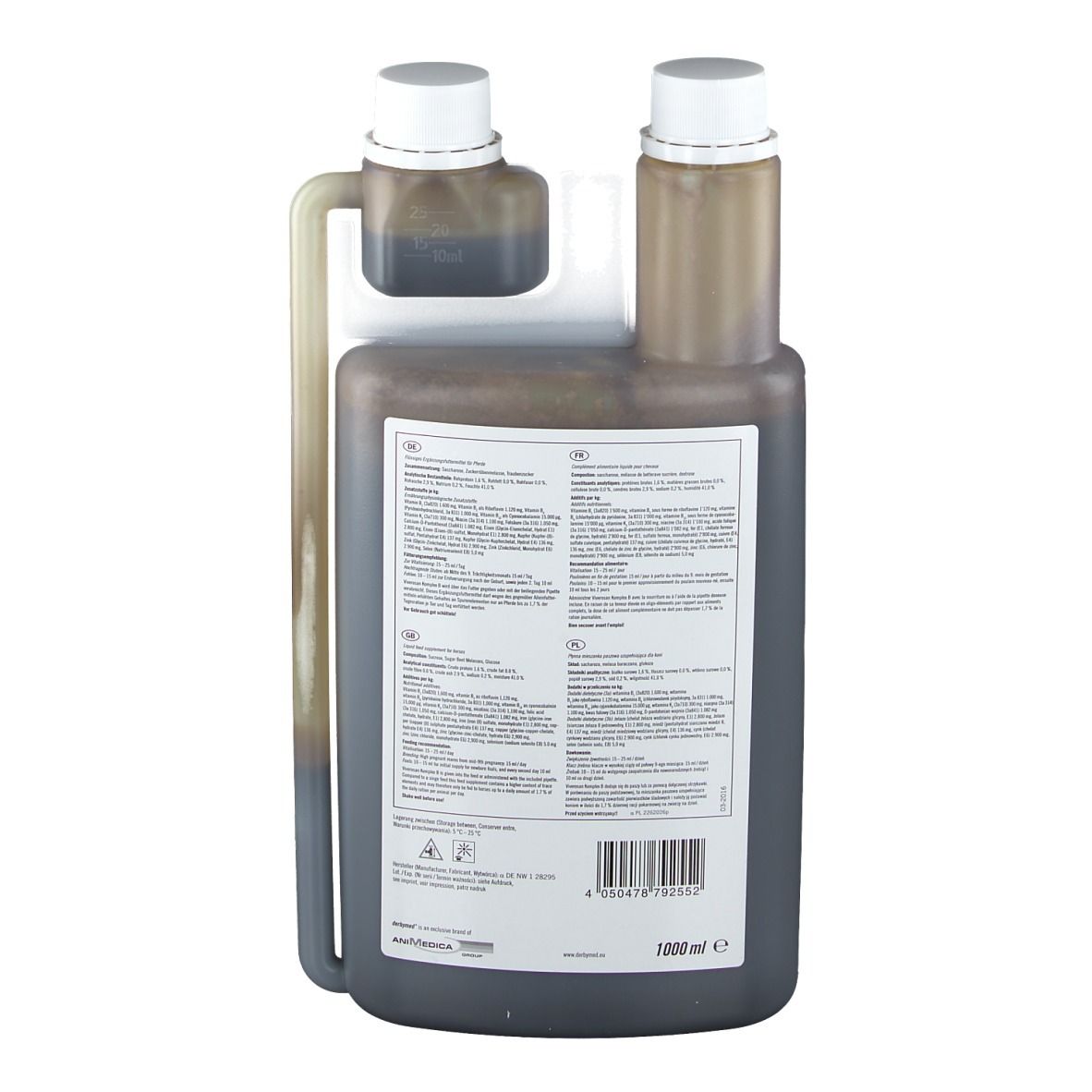 Dos du flacon Viverosan Komplex B. Étiquette avec texte et code-barres. Liquide brun, bouchon blanc.