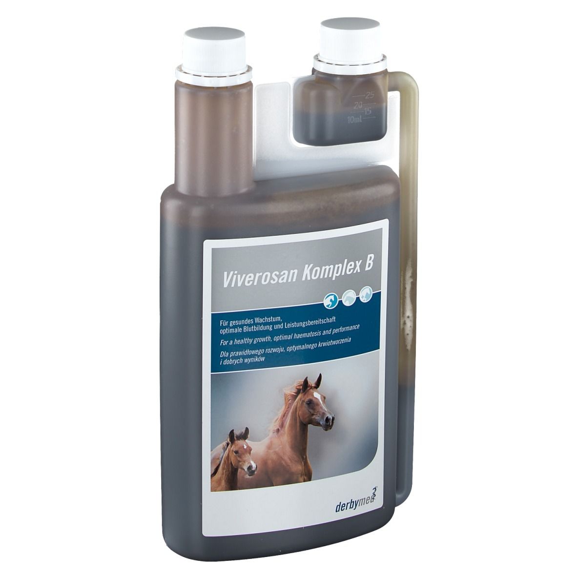 Flacon Viverosan Komplex B. Liquide brun, bouchon blanc, étiquette avec chevaux. Marque : derbymed.