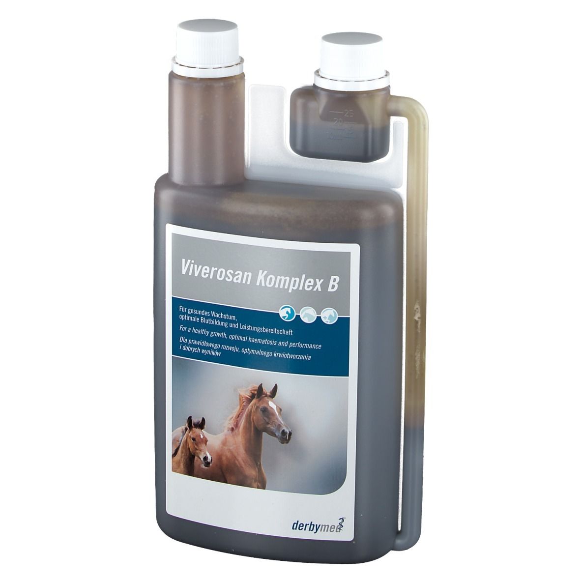 Flacon Viverosan Komplex B. Liquide brun, bouchon blanc, étiquette avec chevaux. Marque : derbymed.