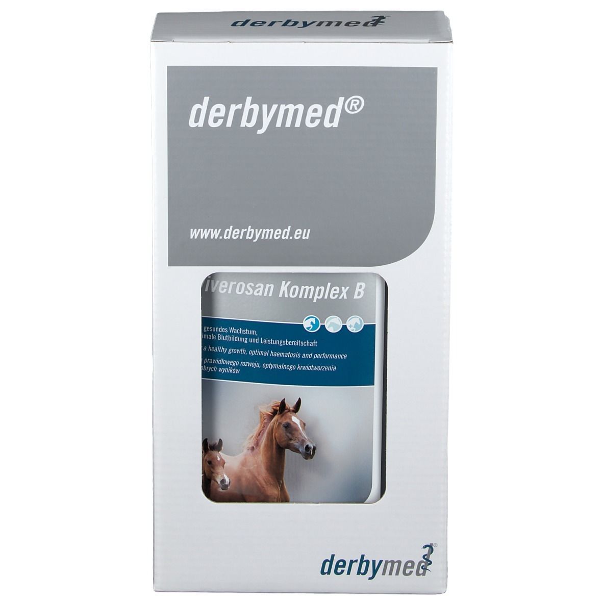 Emballage de Viverosan Komplex B. Boîte avec image du produit et logo derbymed.