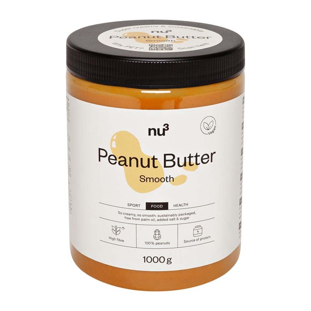 Pot de beurre de cacahuète nu3 Smooth. Couvercle noir, étiquette blanche. Ingrédients et informations. 1000g.
