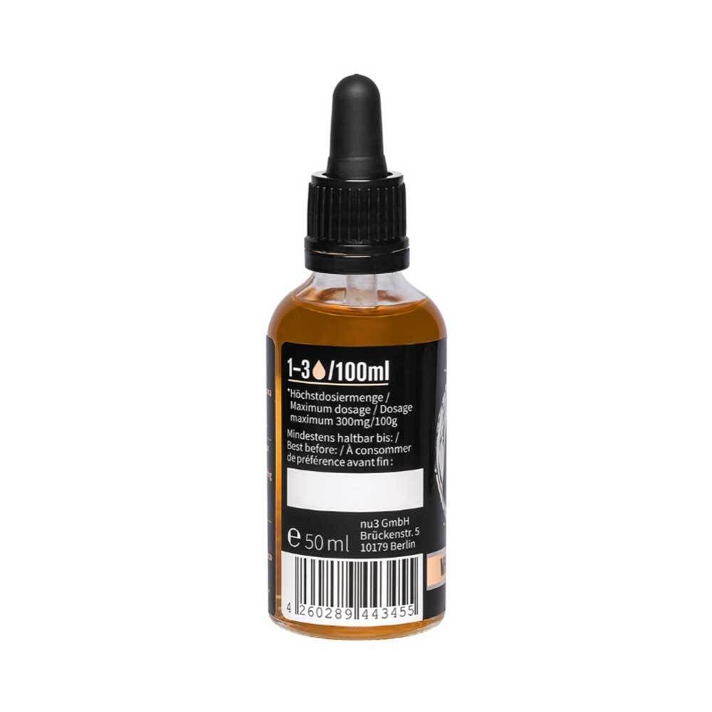 Liquide brun dans un flacon compte-gouttes avec bouchon noir. Inscription : 50ml, 1-30/100ml, A consommer de préférence avant...