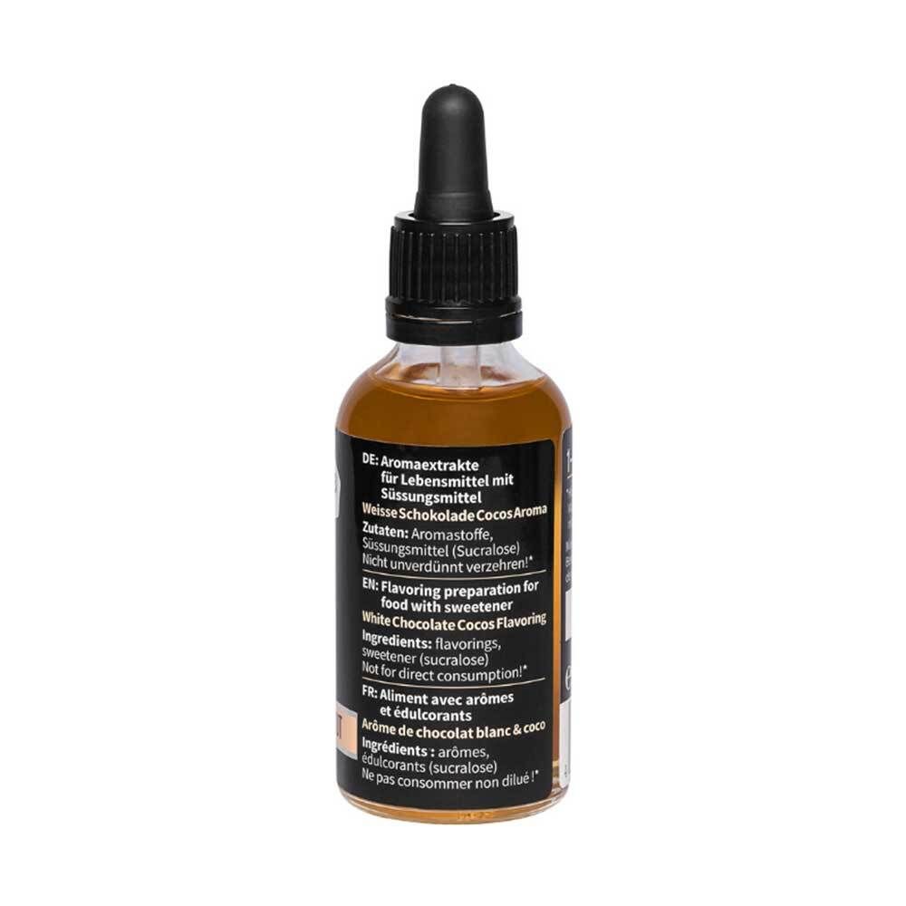 Flacon compte-gouttes avec liquide brun. Inscription : Extraits aromatiques, Arôme chocolat blanc & coco, Ingrédients, 50ml, ne pas consommer non dilué.