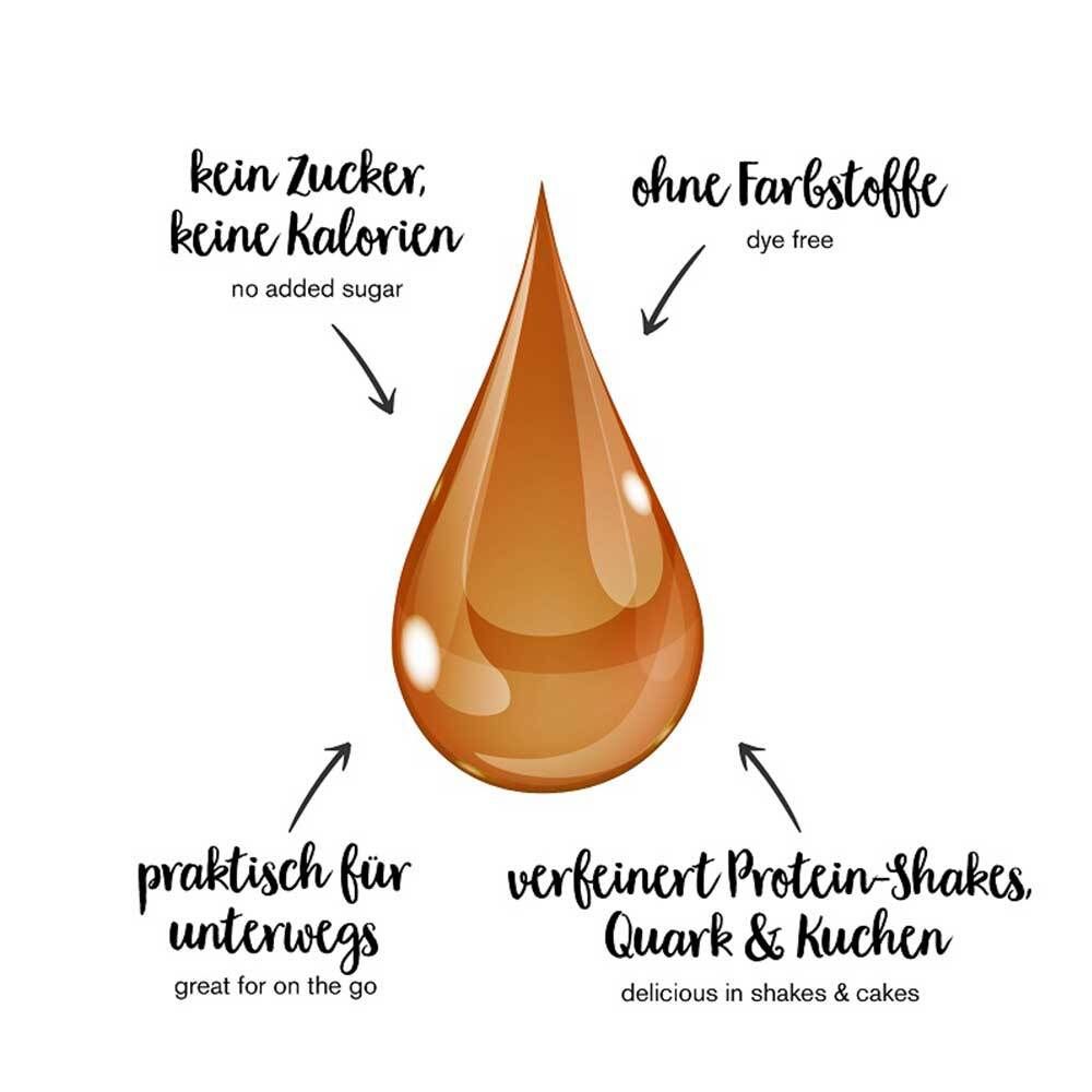 Goutte brune avec flèches et textes : sans sucre, sans colorants, pratique à emporter, parfait pour shakes protéinés, fromage blanc & gâteaux.