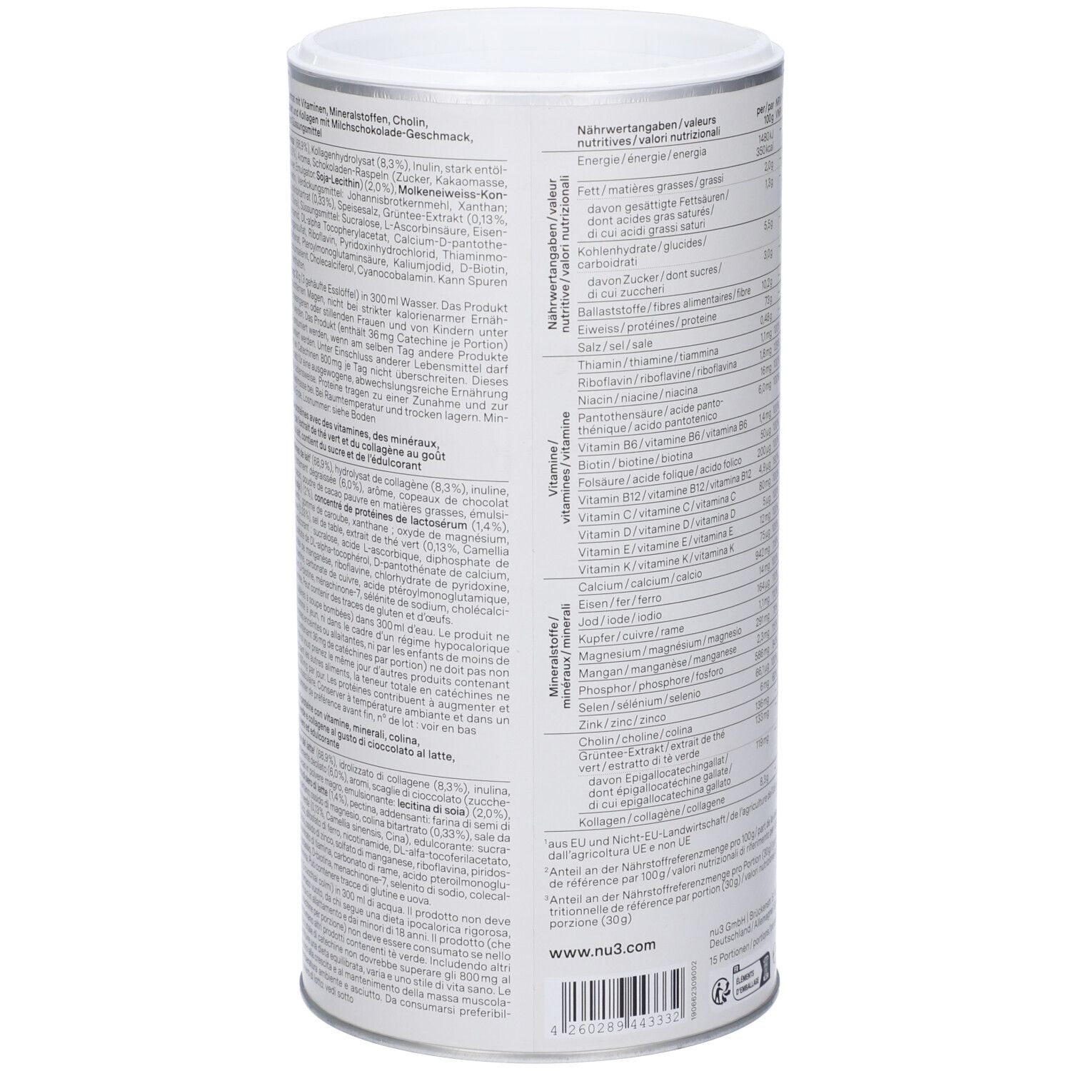 Dos de la boîte "nu3 Fit Protein Shake". Contient des informations nutritionnelles et des ingrédients. Marque : nu3. Poids : 450g.