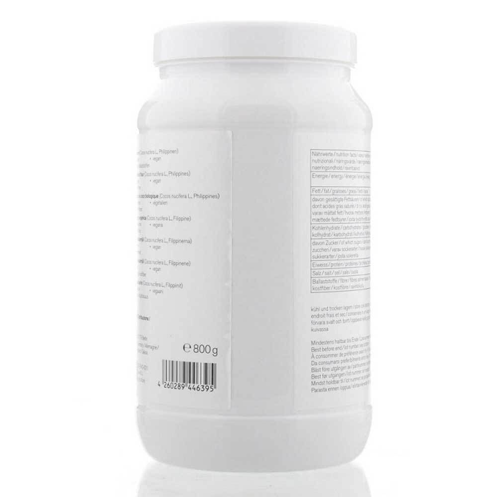 Pot blanc, vue latérale avec informations nutritionnelles et texte. E 800g.