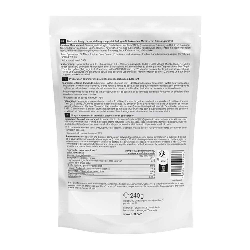 Dos de l'emballage blanc "nu3 Fit Protein Muffins". Texte en allemand, liste des ingrédients, informations nutritionnelles, instructions de préparation. Code-barres et logo.