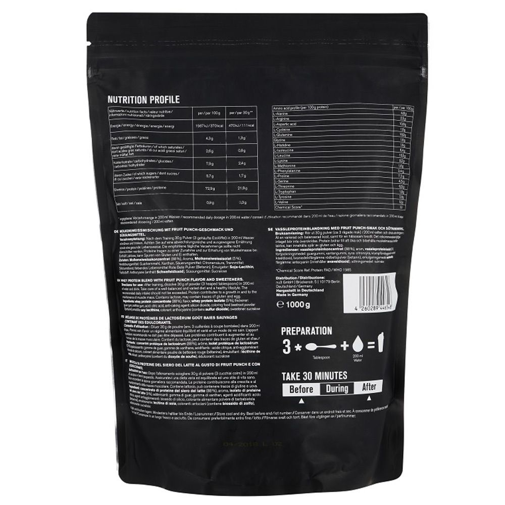 Dos d'un emballage de protéine en poudre noir. Contient des informations nutritionnelles, des instructions de préparation et des informations sur le fabricant.