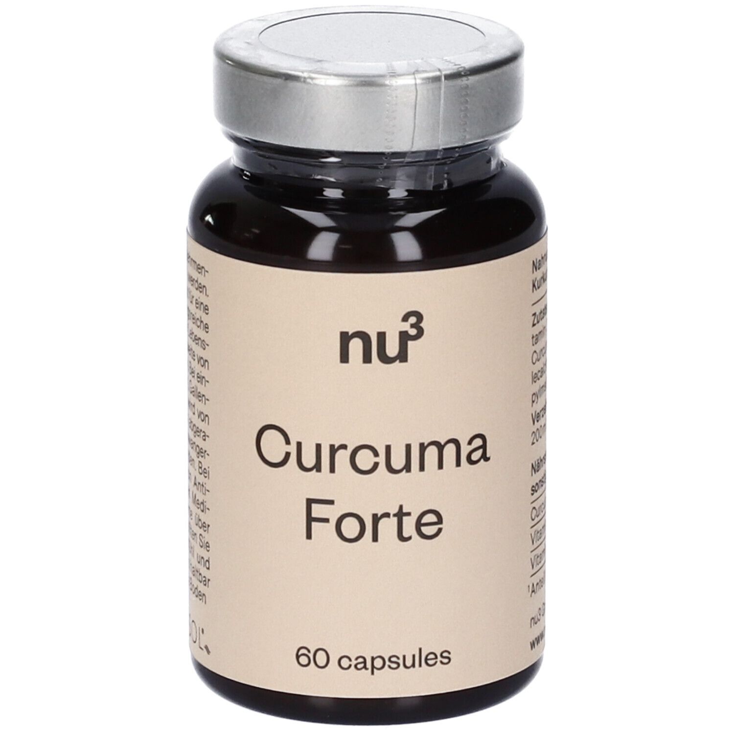 Flacon en verre brun avec capsules. Inscription : nu3 Curcuma Forte, 60 capsules. Couvercle argenté.
