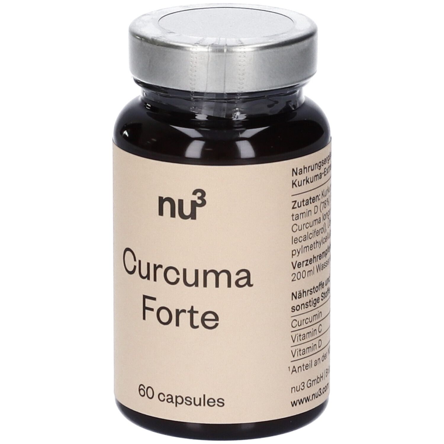Flacon en verre brun avec capsules. Inscription : nu3 Curcuma Forte, 60 capsules. Couvercle argenté.
