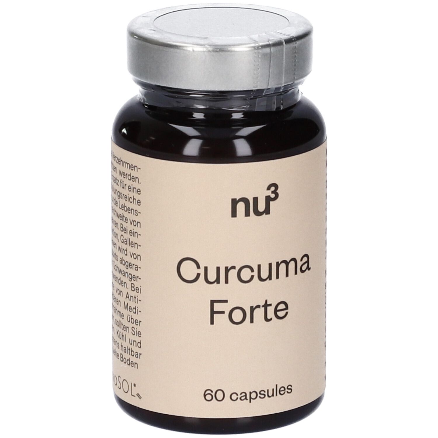 Flacon en verre brun avec capsules. Inscription : nu3 Curcuma Forte, 60 capsules. Couvercle argenté.