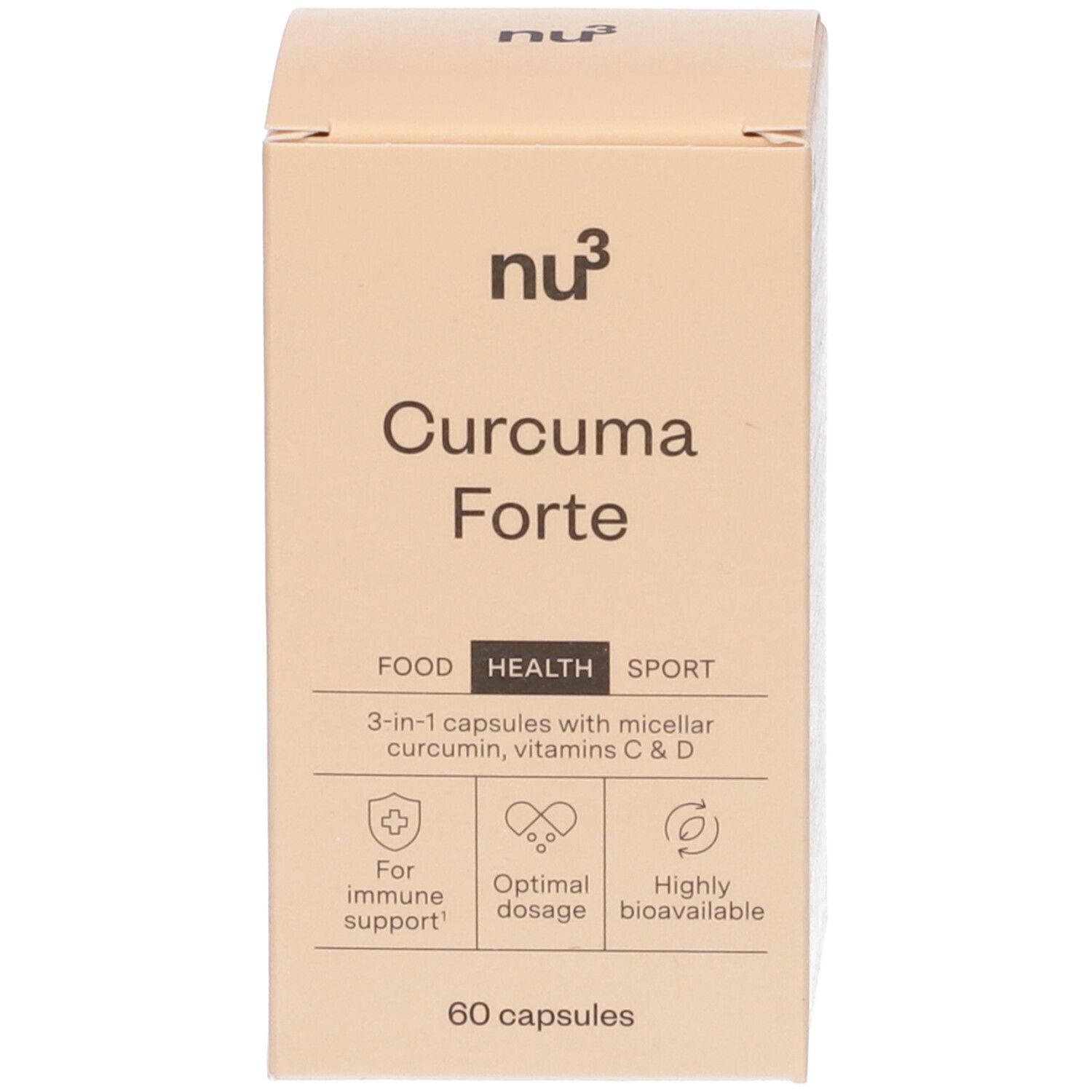 Emballage avec inscription : nu3 Curcuma Forte, 60 capsules. Boîte avec texte et logos.