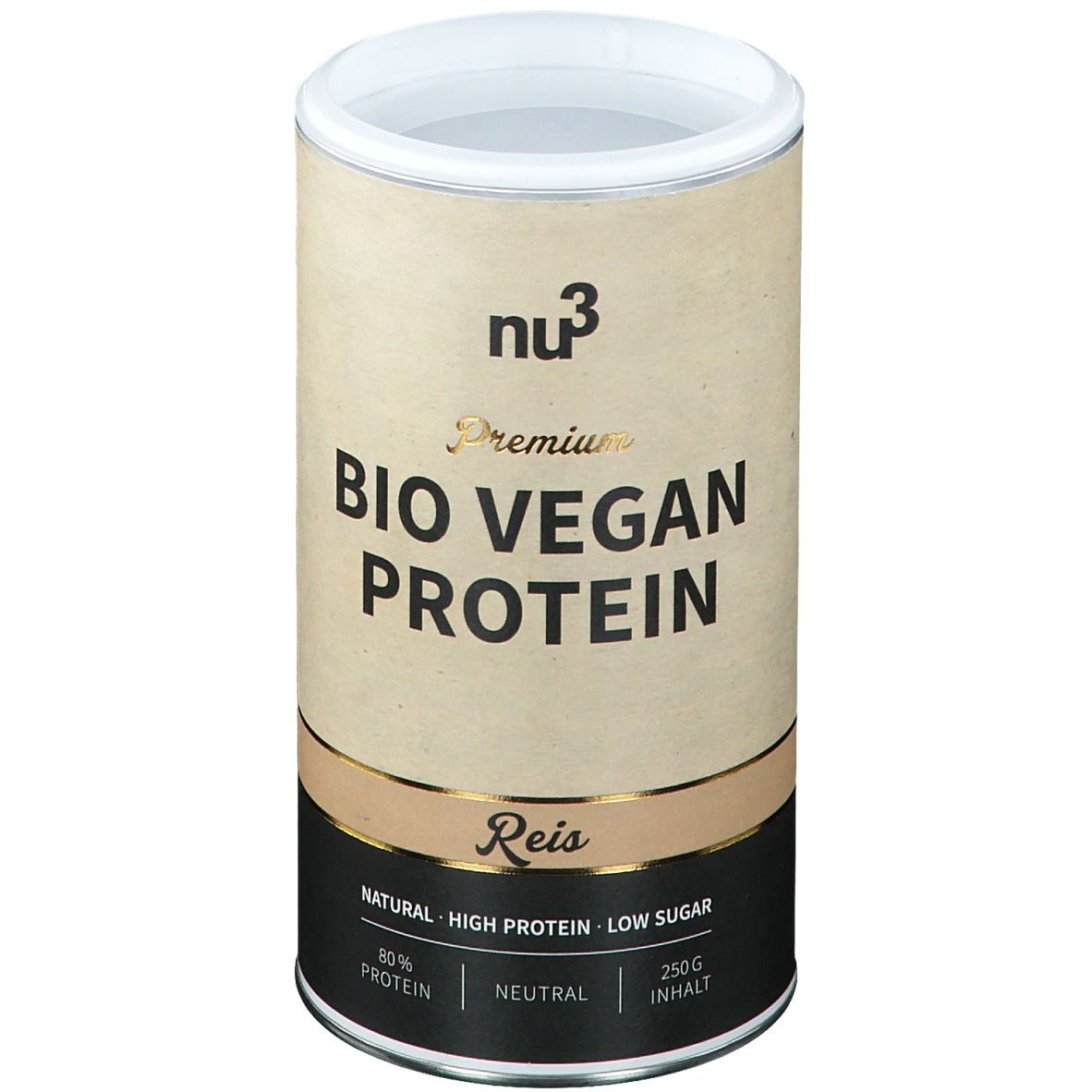 Boîte cylindrique "nu3 Premium Bio Vegan Protein". Inscription: Reis, 80% protéines, Natural, Low Sugar, 250g.