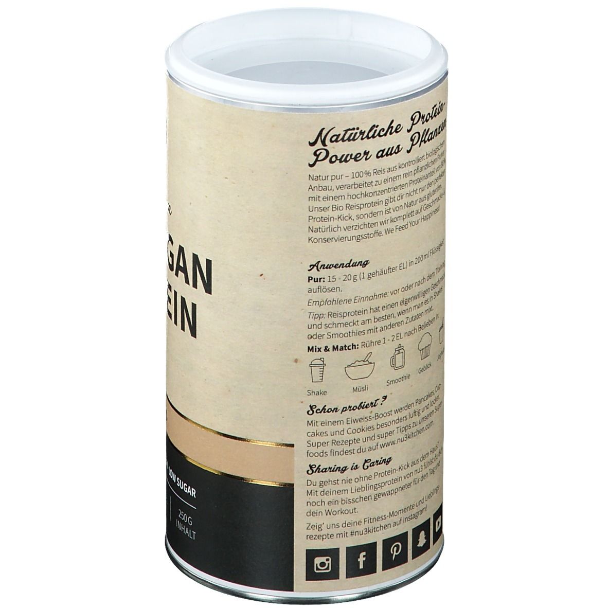 Boîte "nu3 Premium Bio Vegan Protein" avec texte: Pouvoir protéique naturel des plantes. Utilisation, tableau nutritionnel, Mix & Match.