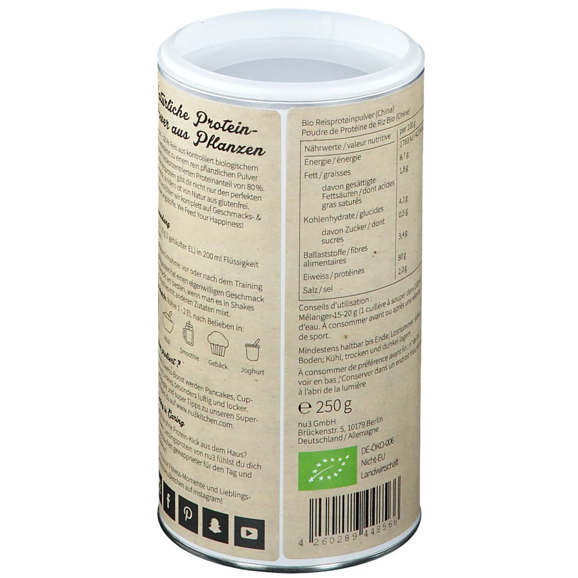 Dos de la boîte "nu3 Premium Bio Vegan Protein". Tableau nutritionnel, instructions d'utilisation, label bio, contenu 250g.