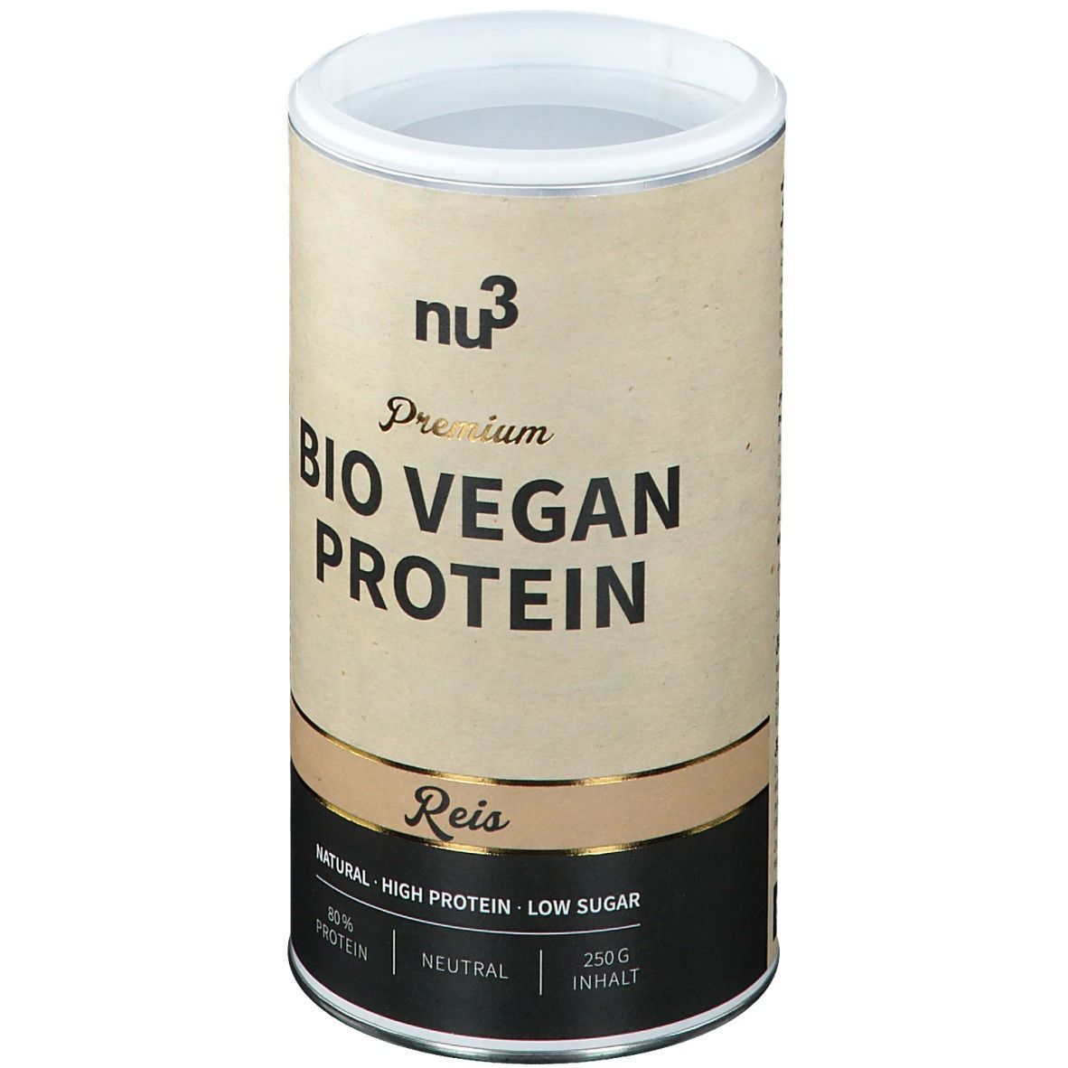 Boîte cylindrique "nu3 Premium Bio Vegan Protein". Inscription: Reis, 80% protéines, Natural, Low Sugar, 250g.