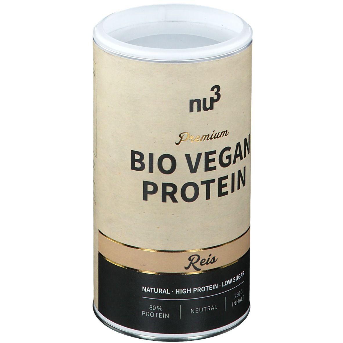 Boîte cylindrique "nu3 Premium Bio Vegan Protein". Inscription: Reis, 80% protéines, Natural, Low Sugar, 250g.