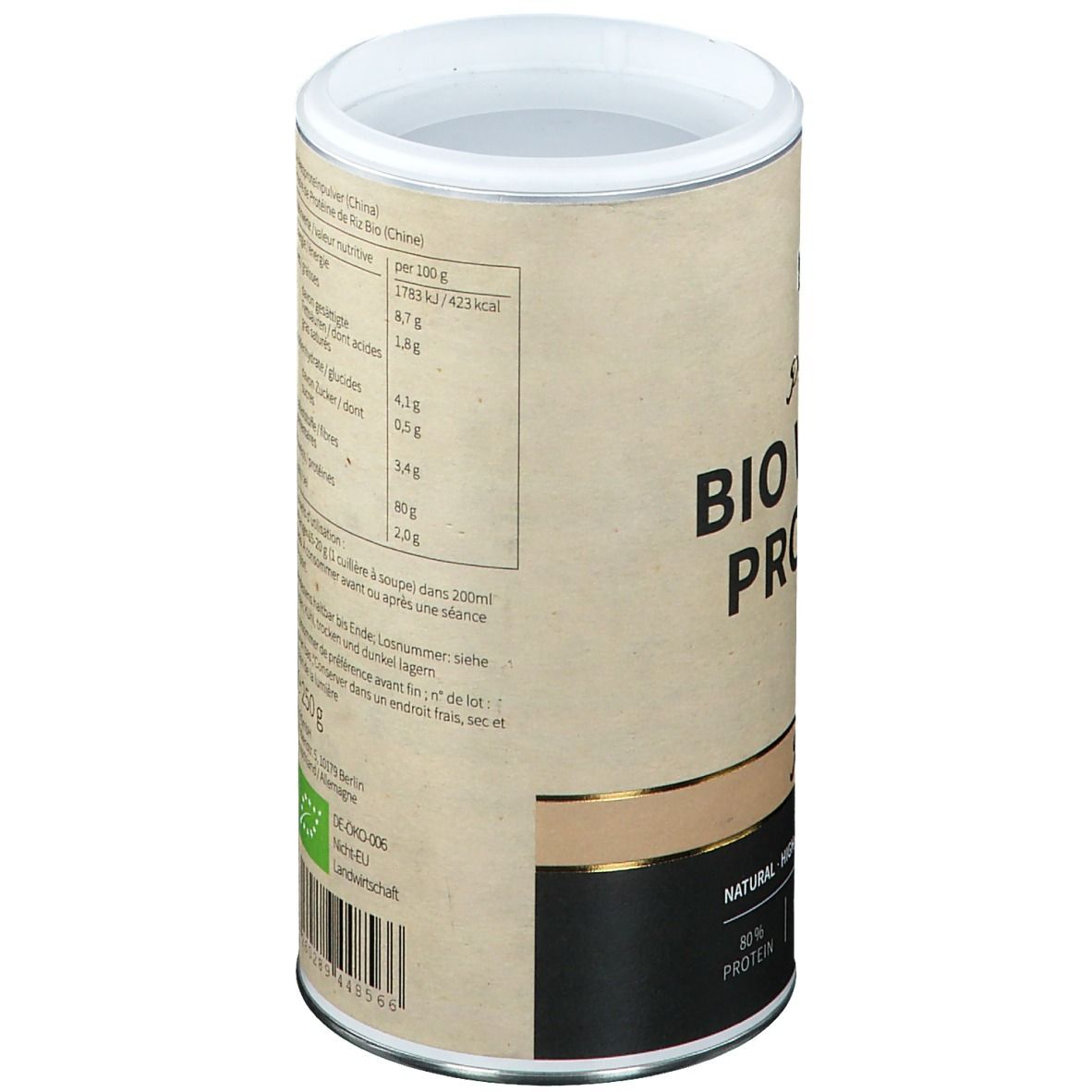 Dos de la boîte "nu3 Premium Bio Vegan Protein". Tableau nutritionnel, instructions d'utilisation, label bio, contenu 250g.