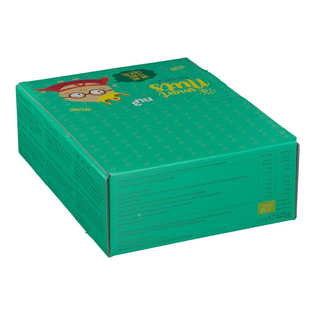 Emballage vert de nu3 Bio Smart Nuts. Impression avec nom du produit et personnage de dessin animé.