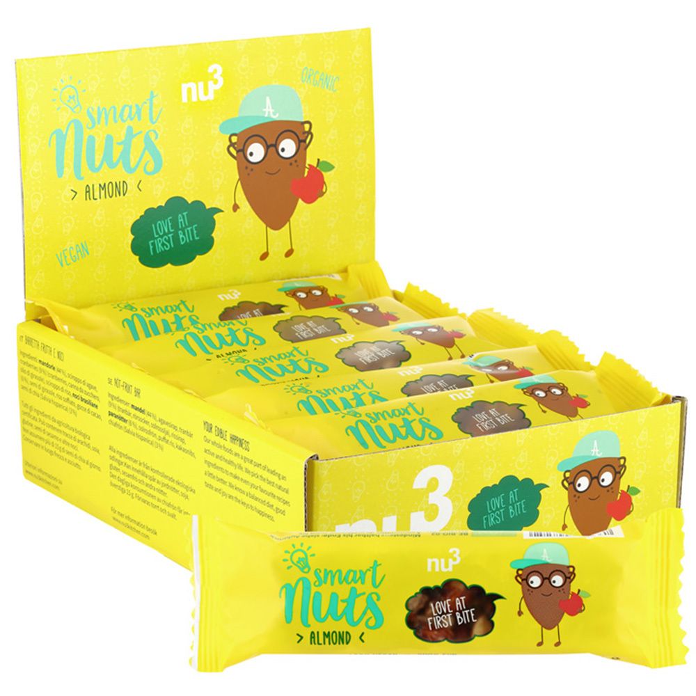 Boîte jaune avec barres Smart Nuts. Inscription: nu3, Smart Nuts, Amande, illustration. Barre individuelle au premier plan.