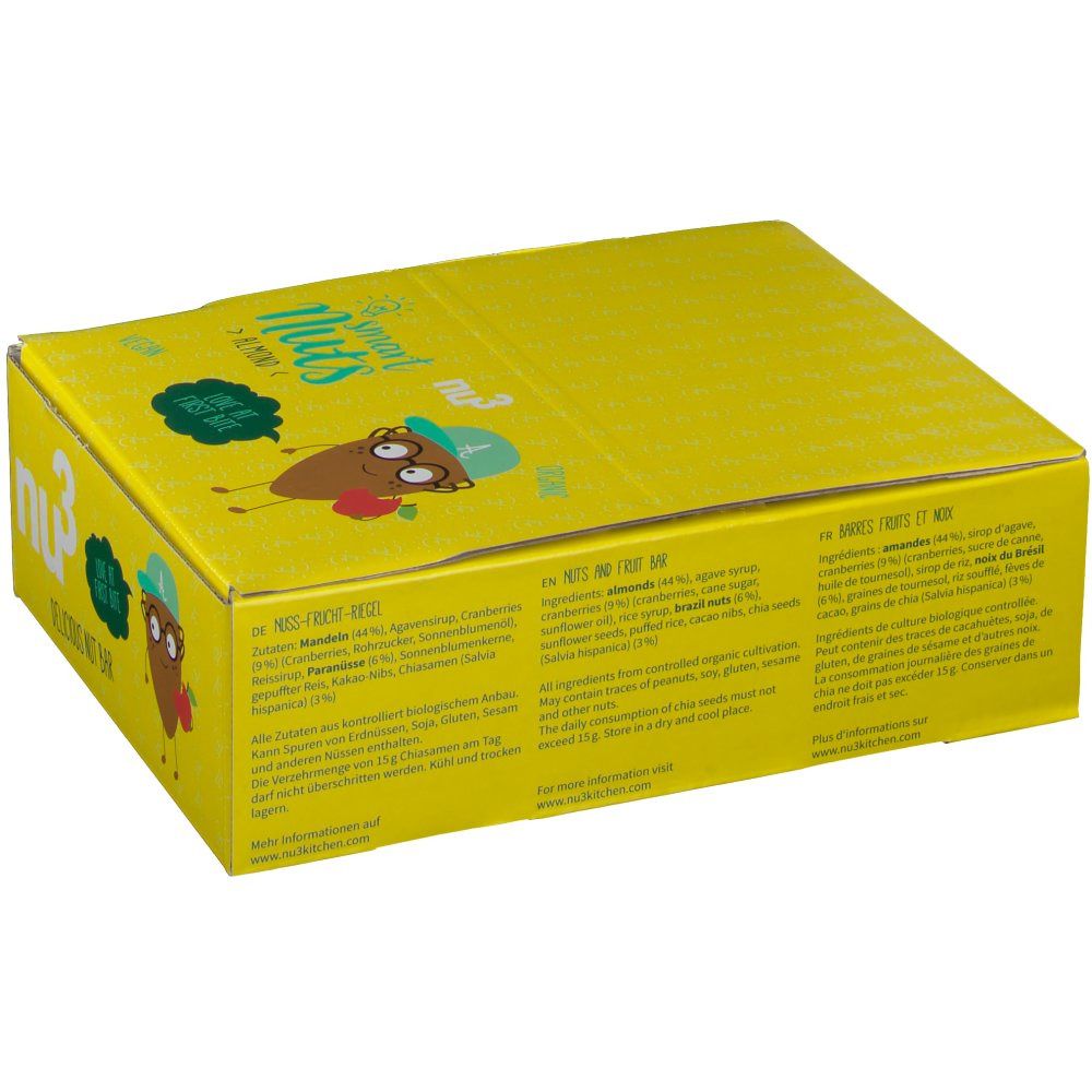 Boîte jaune avec Smart Nuts. Inscription: nu3, Smart Nuts, illustration. Texte en allemand et français. Vue arrière.