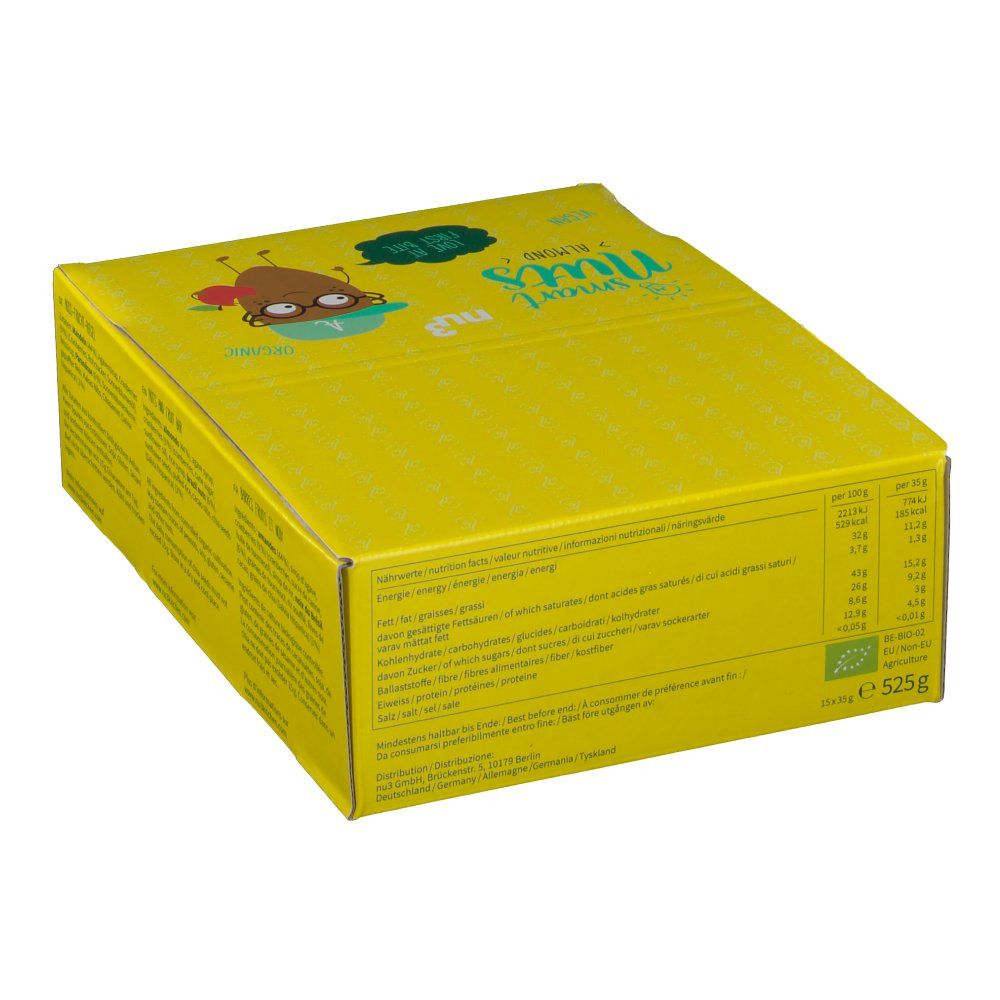 Boîte jaune avec Smart Nuts. Inscription: nu3, Smart Nuts, illustration. Informations nutritionnelles et label bio. Vue arrière.