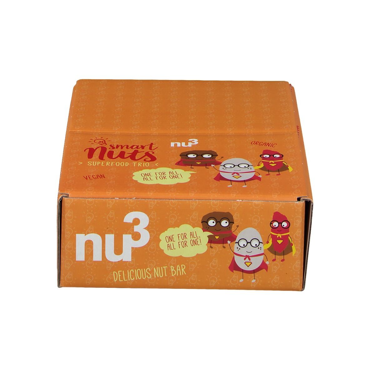 Boîte orange fermée avec nu3 Smart Nuts. Inscription : Smart Nuts, Superfood Trio, vegan, Delicious Nut Bar.