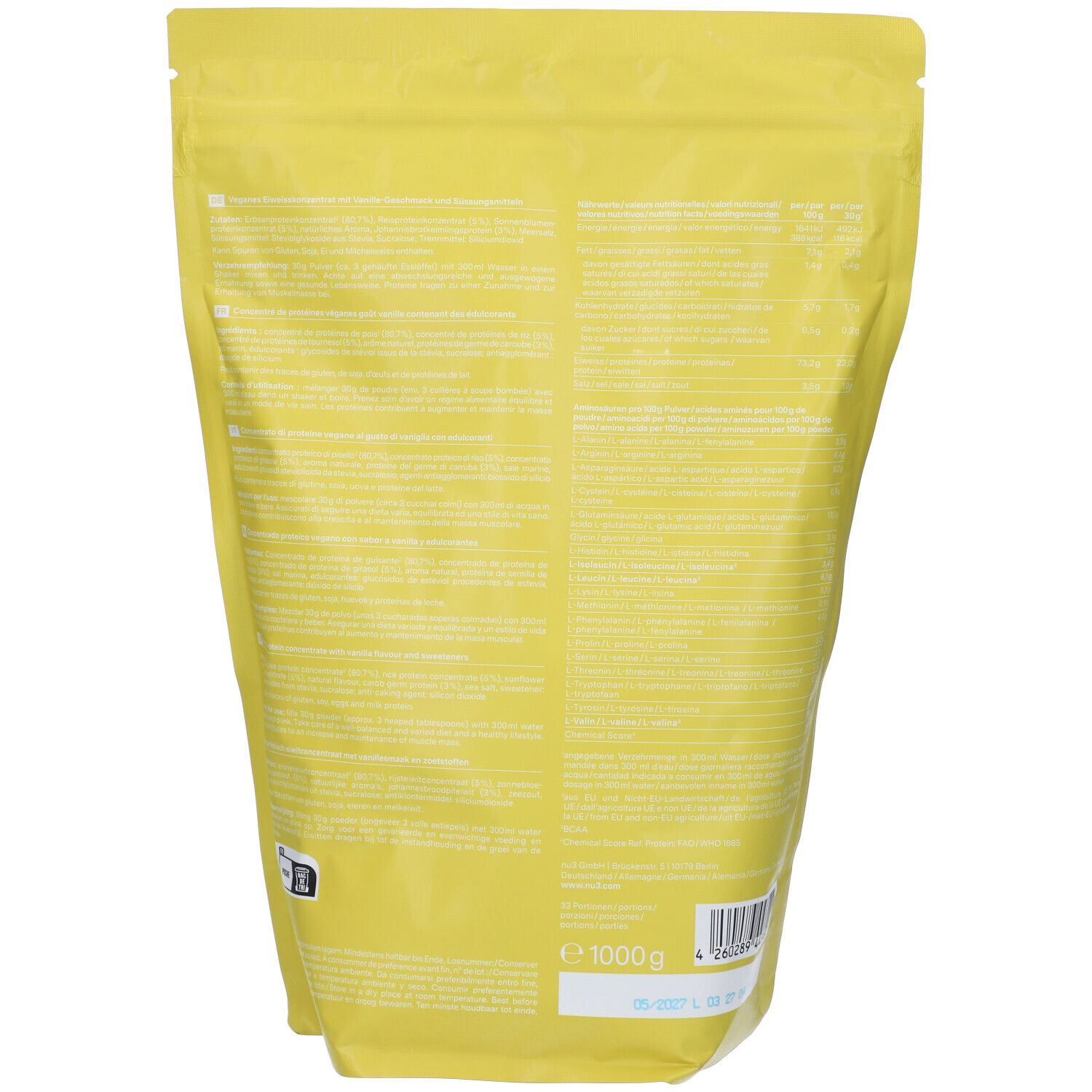 Dos de l'emballage jaune "nu3 Vegan Protein 3K Vanille". Texte en allemand. Contient 1000g. Avec code-barres et date de péremption.