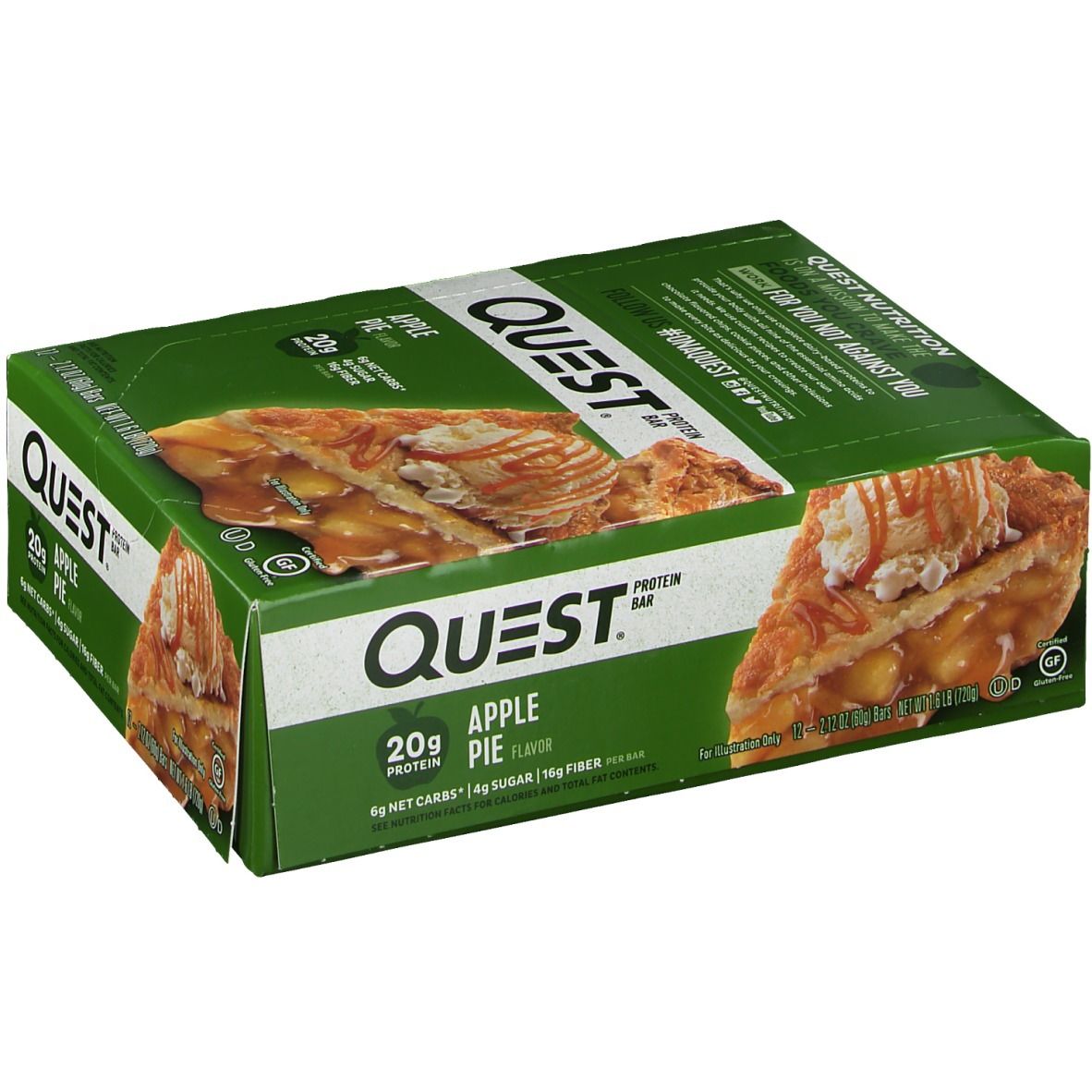 Boîte verte "QUEST" avec saveur "Apple Pie". Image d'une part de tarte aux pommes. Contient 20g de protéines.