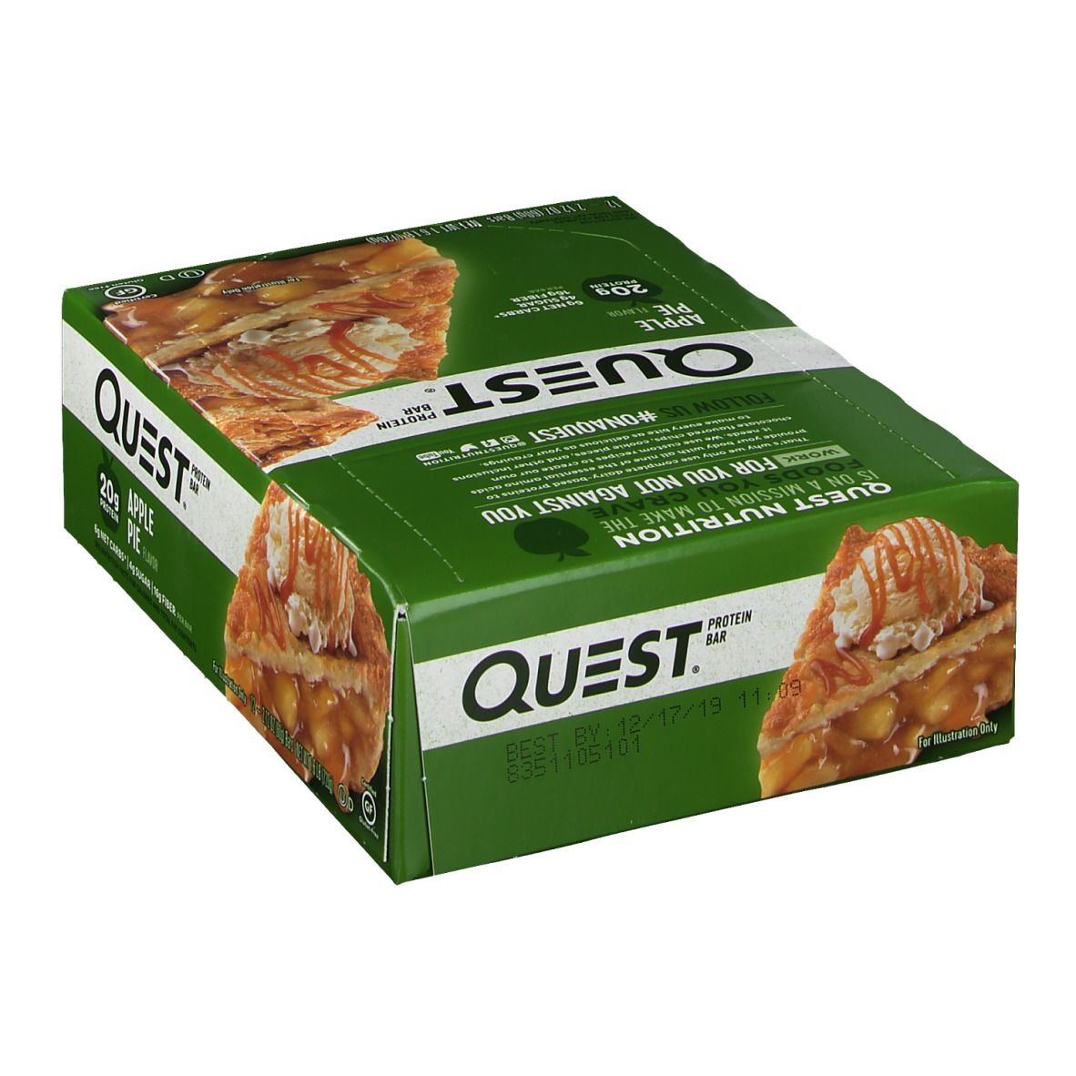 Boîte verte "QUEST" avec saveur "Apple Pie". Image d'une part de tarte aux pommes. Contient 20g de protéines.