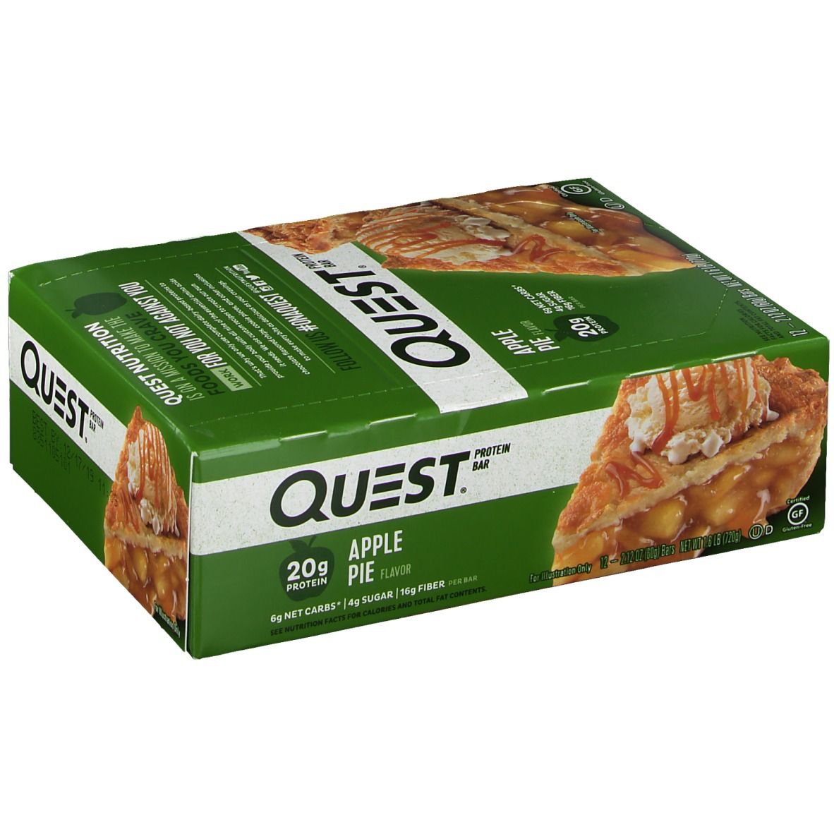 Boîte verte "QUEST" avec saveur "Apple Pie". Image d'une part de tarte aux pommes. Contient 20g de protéines.