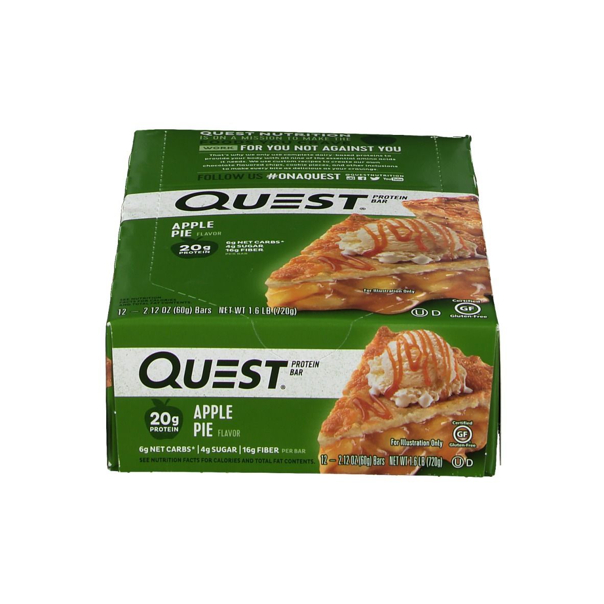 Boîte verte "QUEST" avec saveur "Apple Pie". Image d'une part de tarte aux pommes. Contient 20g de protéines.