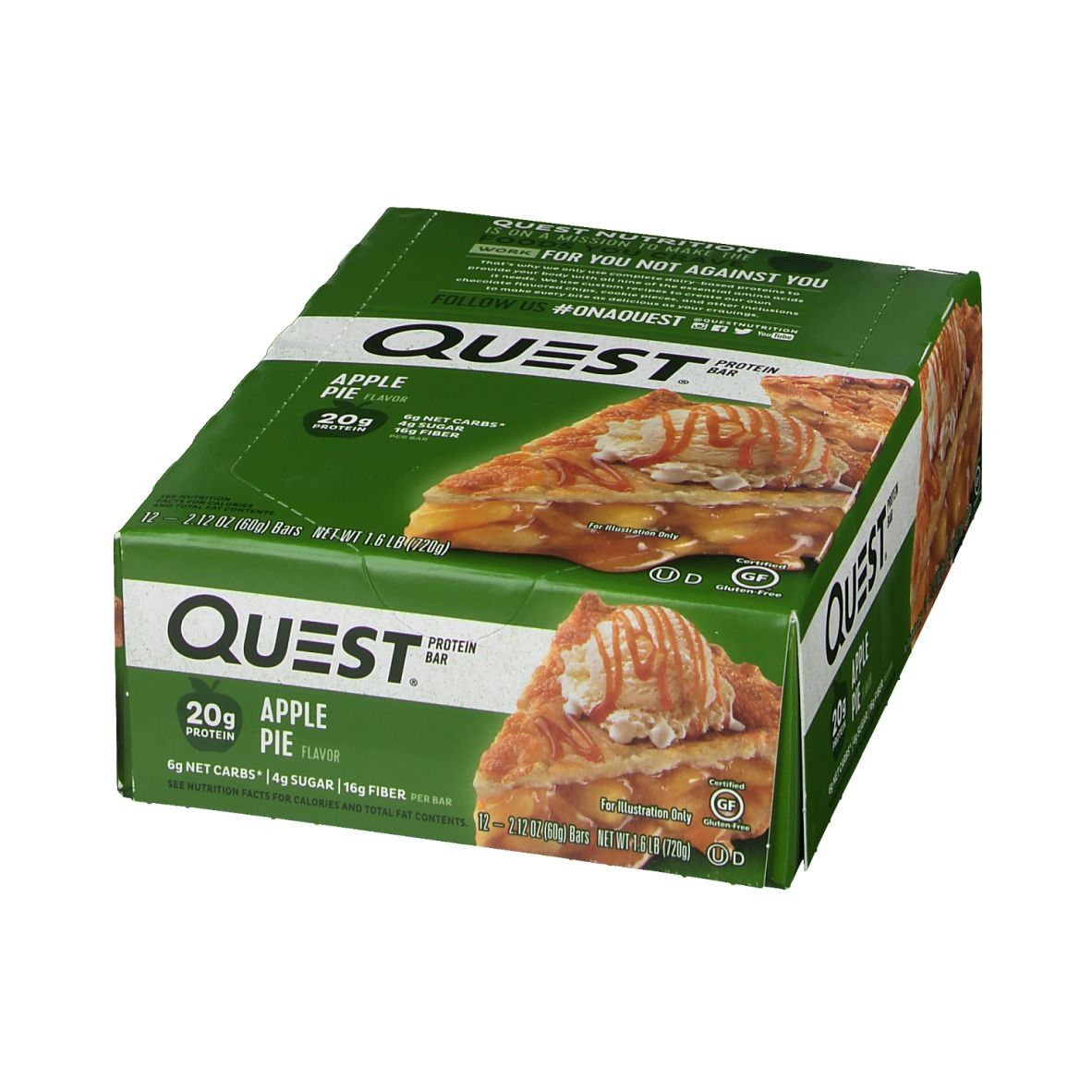 Boîte verte "QUEST" avec saveur "Apple Pie". Image d'une part de tarte aux pommes. Contient 20g de protéines.