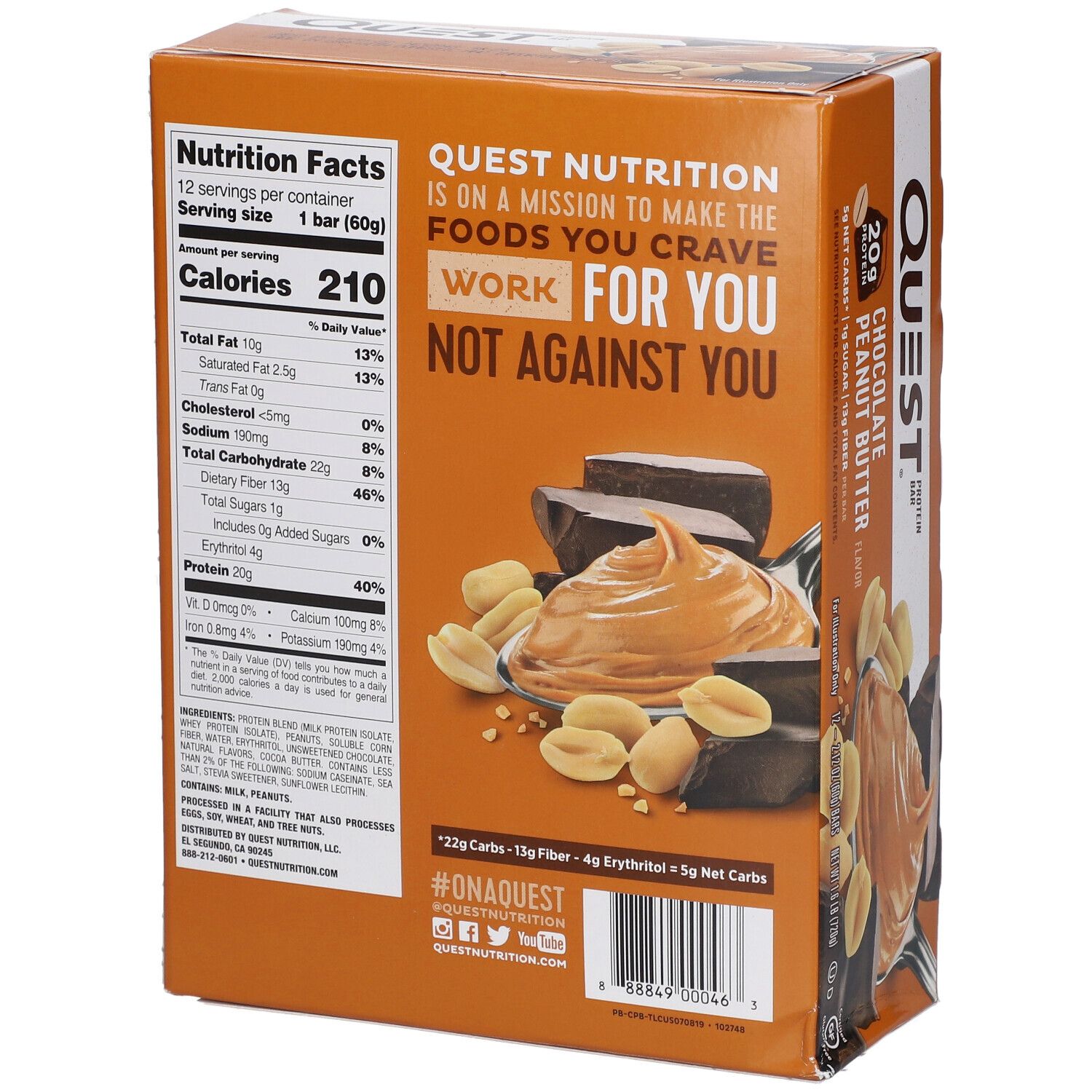 Boîte de barres protéinées Quest, saveur chocolat-beurre de cacahuète. Dos avec informations nutritionnelles. 12 barres.
