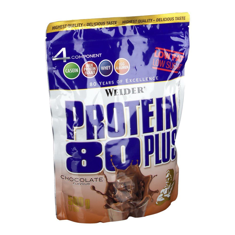 Sachet Weider Protein 80 Plus, chocolat. Emballage bleu et blanc avec nom du produit et illustration de chocolat. Contient 4 composants protéiques.