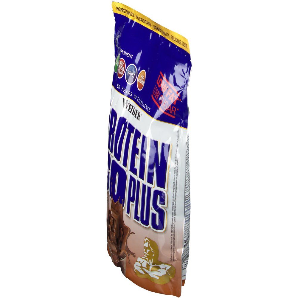 Vue latérale du sachet Weider Protein 80 Plus. Emballage bleu et blanc. Nom et logo du produit visibles. Contient 4 composants protéiques.