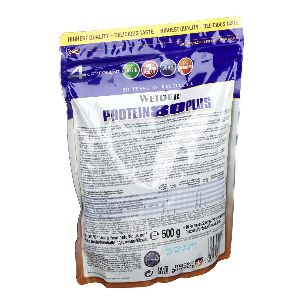 Dos du sachet Weider Protein 80 Plus. Contient des informations et des valeurs nutritionnelles. Paquet de 500g. Fabriqué en Allemagne.