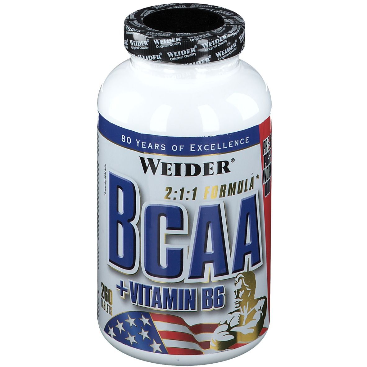 Flacon blanc avec bouchon noir. Inscription BCAA + Vitamine B6. Drapeau américain et illustration d'un homme musclé.