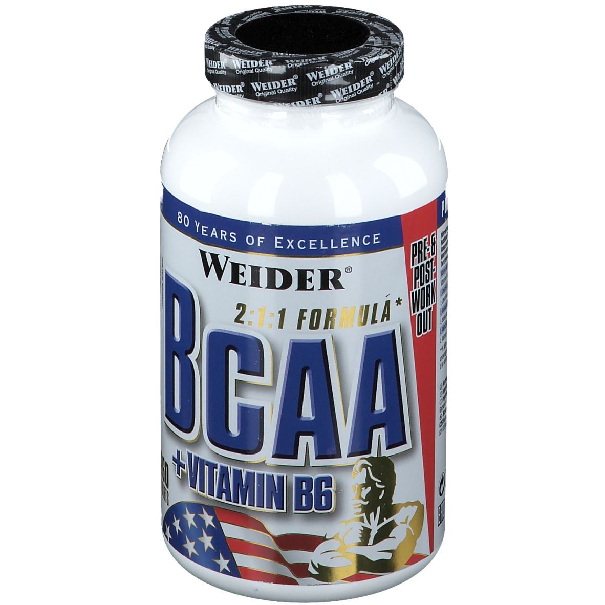 Flacon blanc avec bouchon noir. Inscription BCAA + Vitamine B6. Drapeau américain et illustration d'un homme musclé.