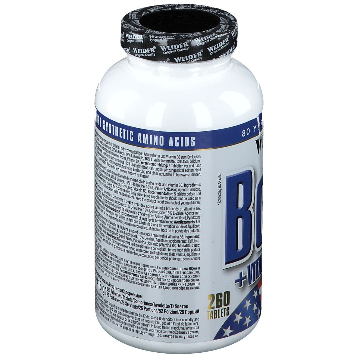 Flacon blanc avec étiquette. Contient des informations sur les ingrédients et les valeurs nutritionnelles. Fabriqué en Allemagne.