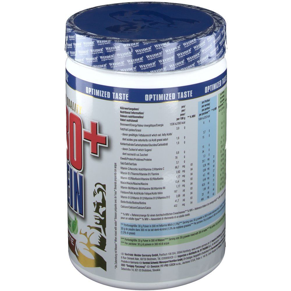 Dos du pot Weider Soy 80+ Protein. Contient des informations nutritionnelles et des ingrédients. Avec des informations sur la teneur en protéines et les vitamines.