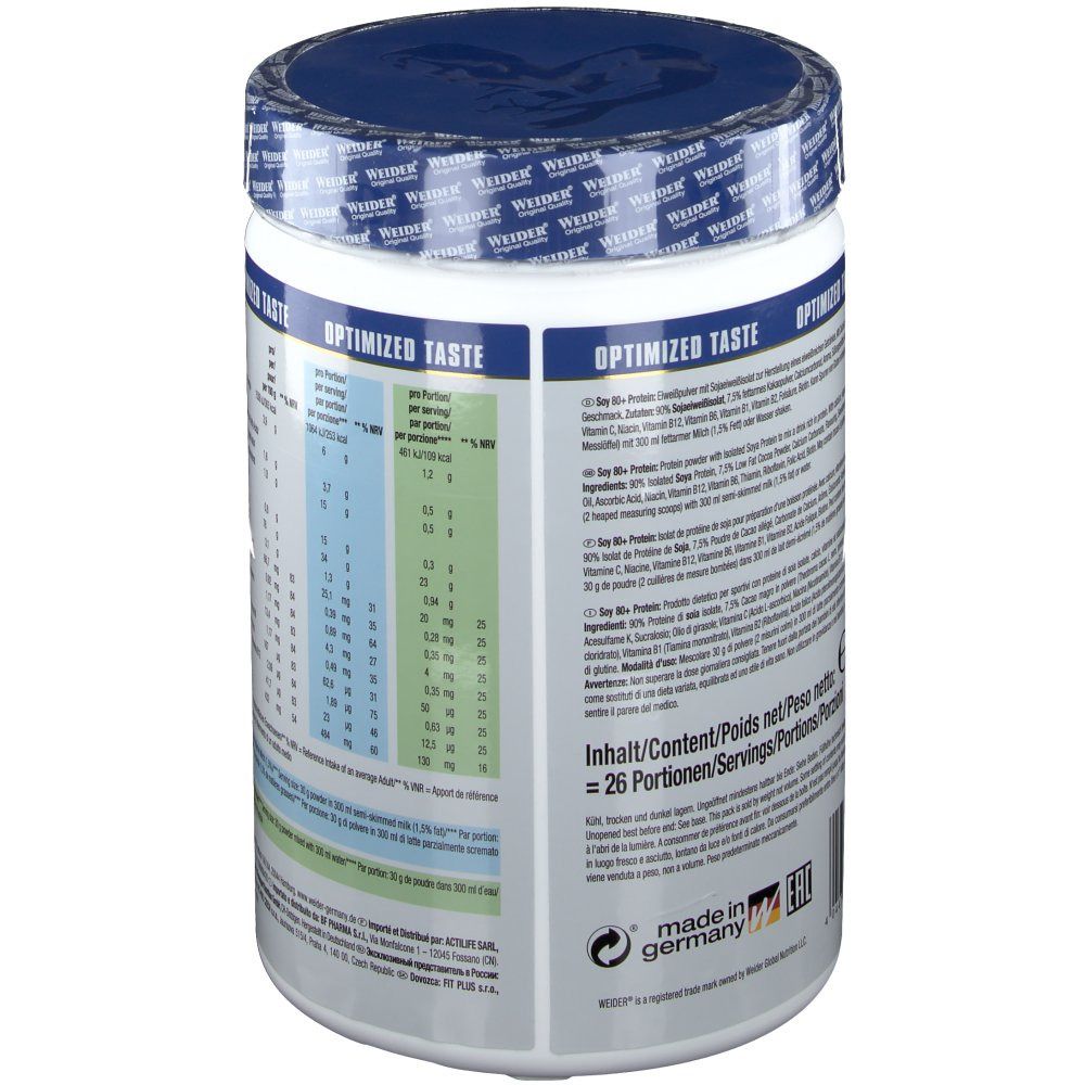 Dos du pot Weider Soy 80+ Protein. Contient des informations nutritionnelles et des ingrédients. Avec des informations sur la teneur en protéines et les vitamines.