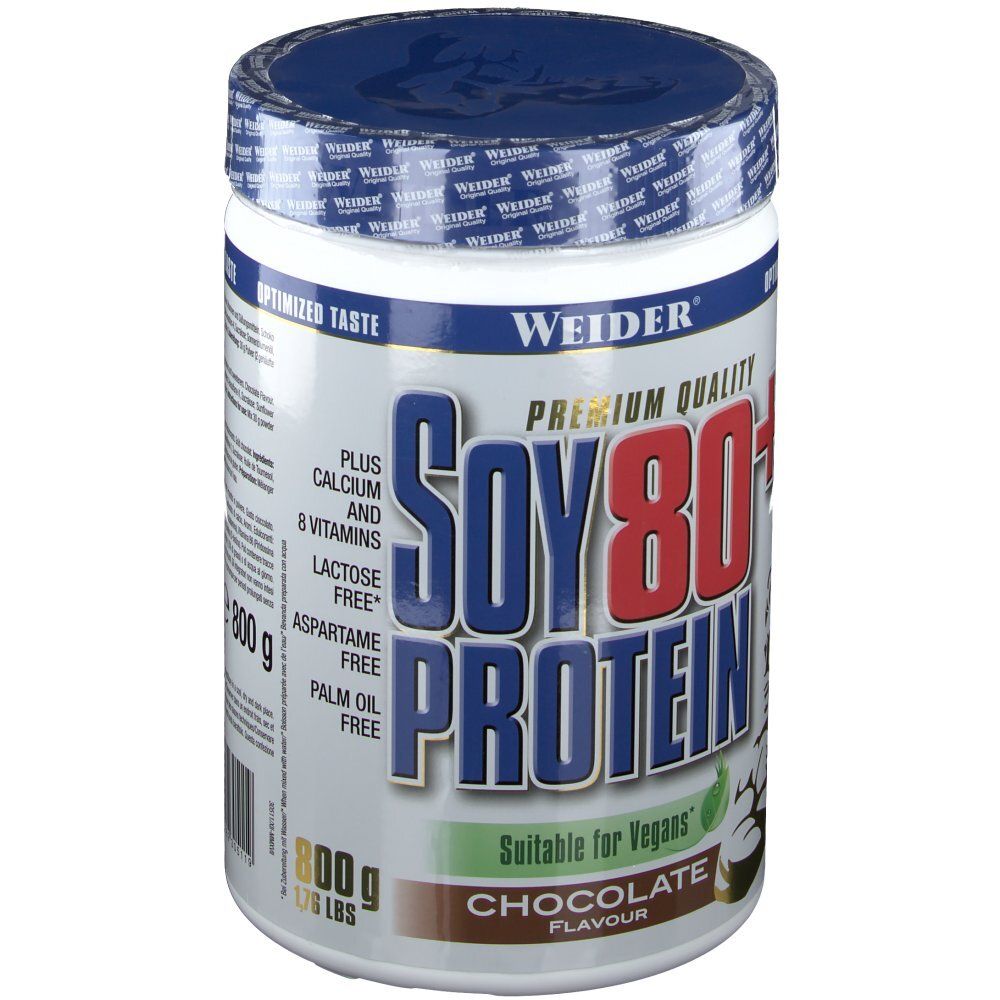 Pot Weider Soy 80+ Protein. Blanc, bleu et rouge. Contient calcium, vitamines, sans lactose, sans aspartame et sans huile de palme. Goût chocolat.