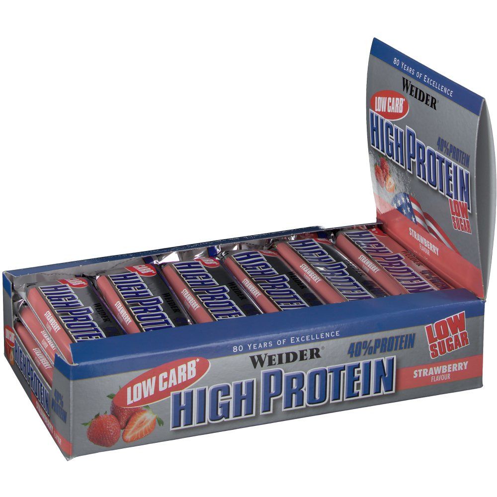 Boîte de barres protéinées ouverte. Inscription : High Protein, Low Carb, goût fraise. Logo Weider.